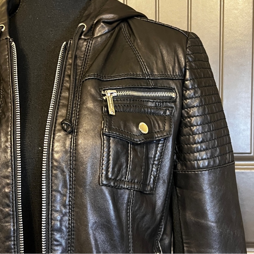 MICHAEL KORS Genuine Leather Hooded Moto Jacket, Size Large - Picture 3 of 12